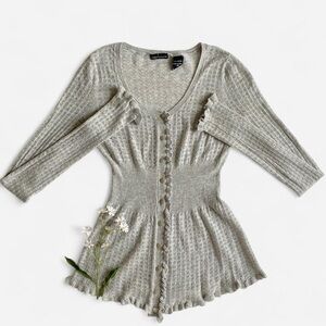 Moda International Y2K gray cotton pointelle fitted knit top